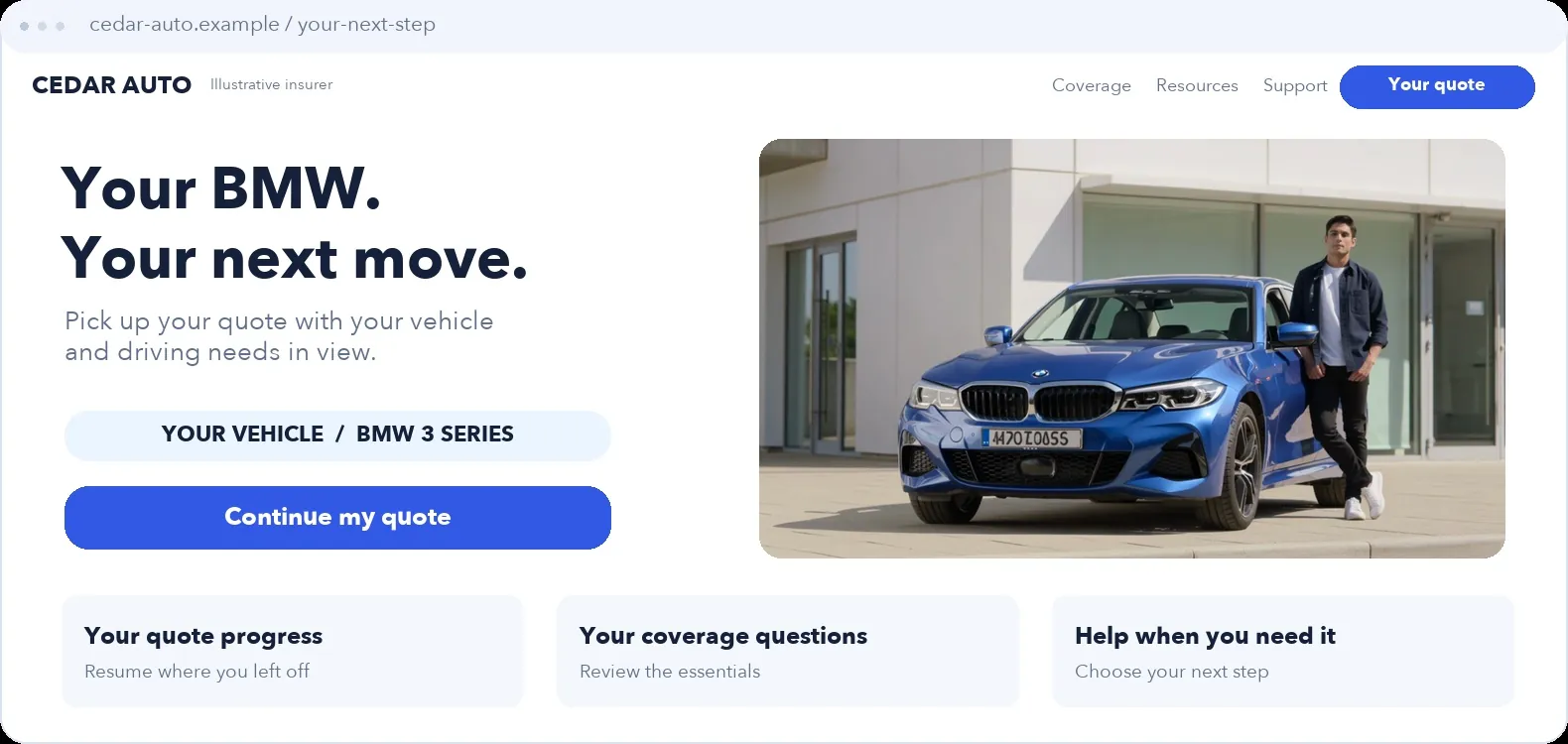 BMW 3 Series personalized landing-page example with a person beside the vehicle