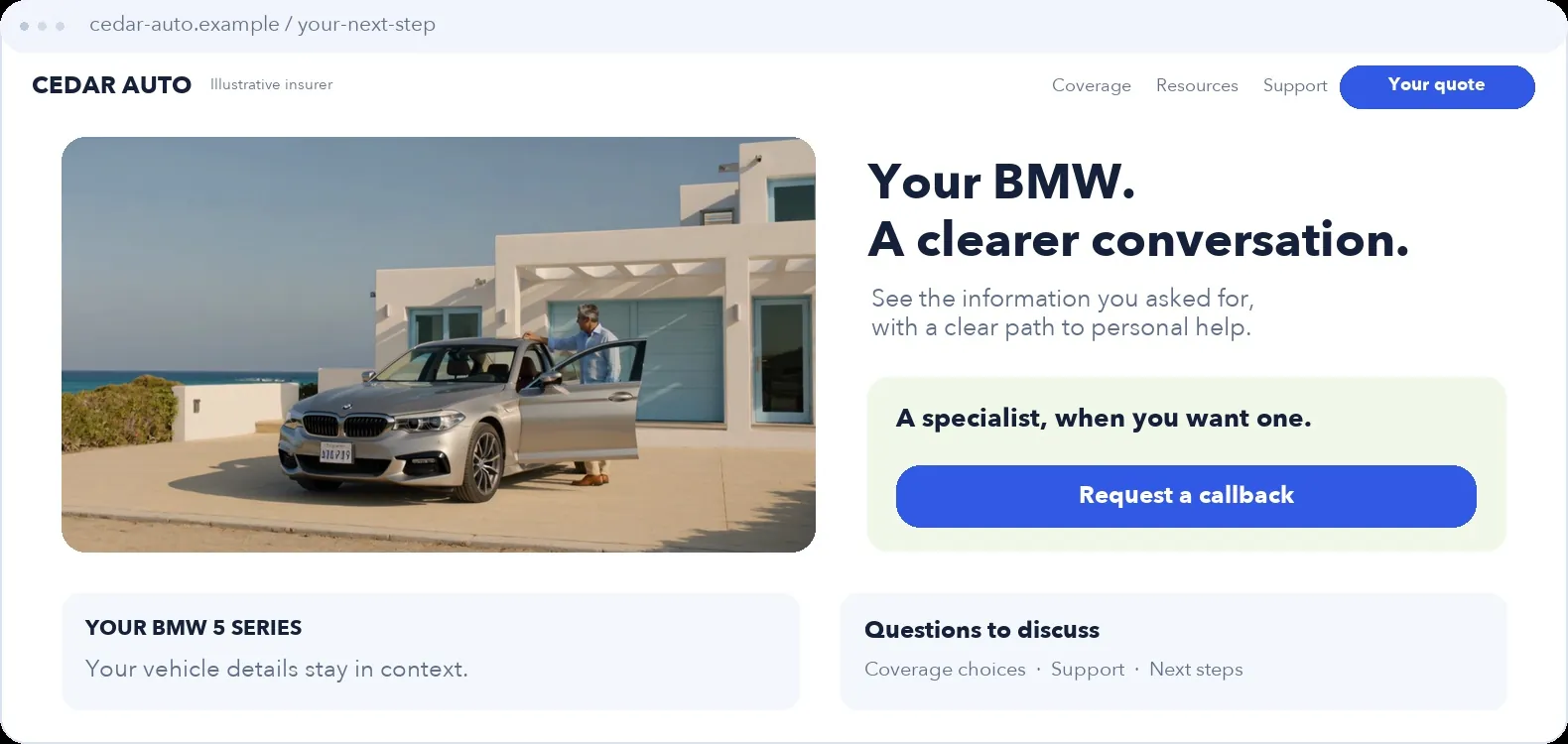 BMW 5 Series personalized landing-page example with a person beside the vehicle